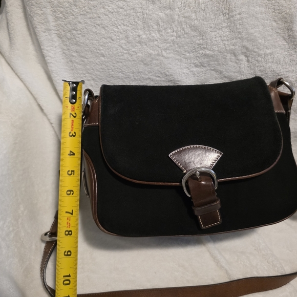 Vintage Dooney & Bourke Suede Leather Flap Crossbody Bag Black Brown Equestrian - Picture 11 of 12